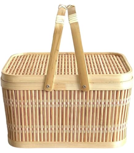 Amazon｜竹ピクニックカゴ ピクニック バスケット 蓋付き 竹 スクエア